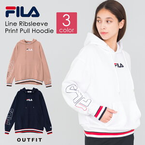 FILA フィラ ラインリブ袖プリントプルパーカー パーカー メンズ レディース ブランド フーディ スウェット プルオーバー 春 秋 冬 服 ロゴ 人気 プレゼント 長袖 おしゃれ 男女兼用 ユニセックス ホワイト ネイビー ピンク ベージュ 白 outfit