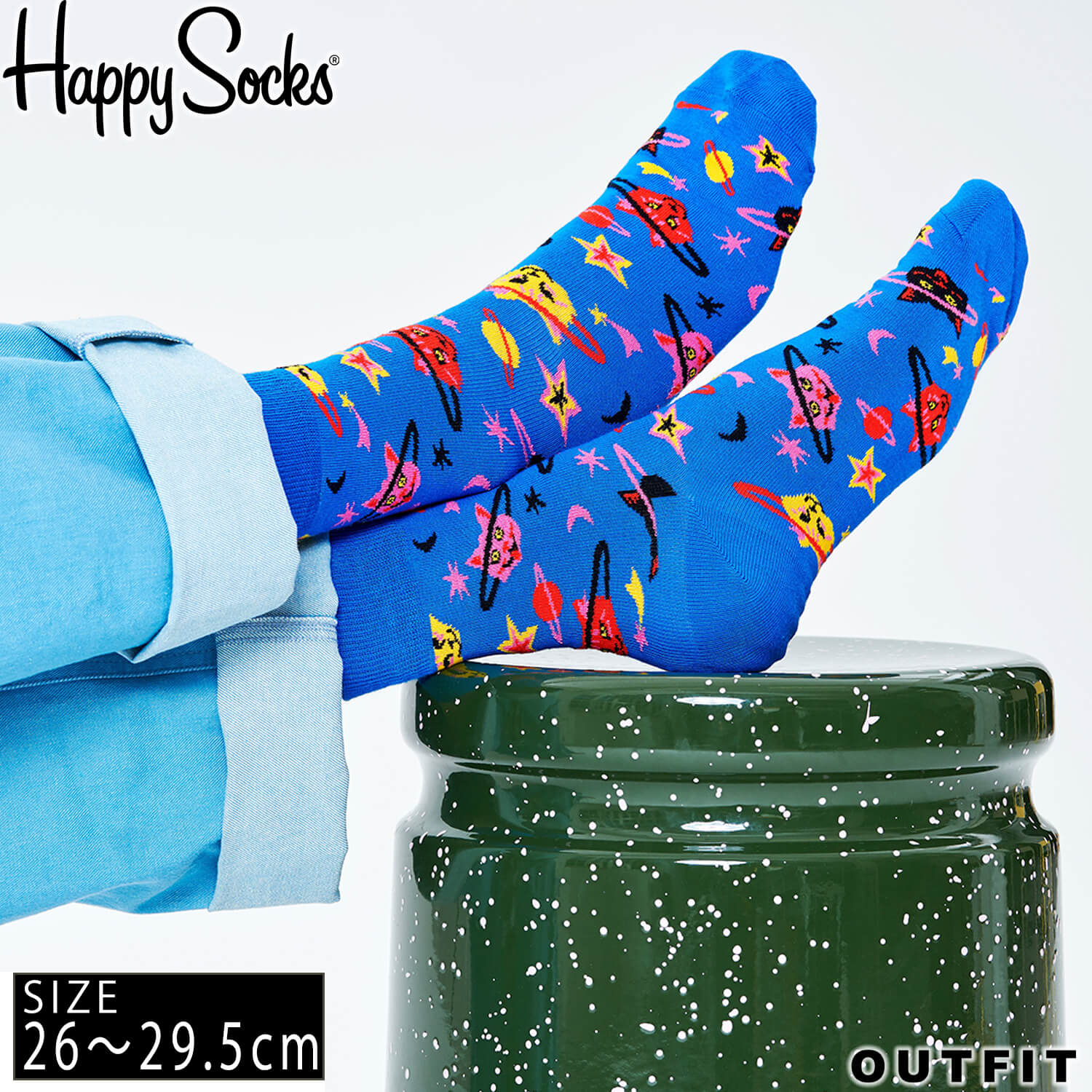 【16日まで!クーポンで20%OFF】 HappySocks ハッピーソックス メンズ 靴下 クルー丈 クルーソックス 総柄 派手 カラフル ソックス ユニセックス 男性 紳士 綿混 かわいい おしゃれ ブランド ブランドロゴ 大きいサイズ 猫 スペースキャット ブルー プレゼント ギフト