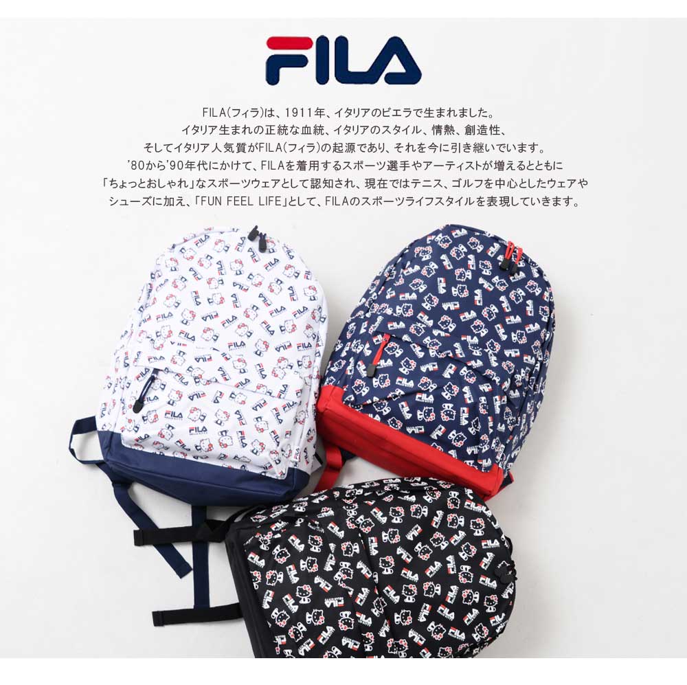 【ポイント10倍】 FILA フィラ リュック レディース 総柄 デイパック ハローキティ キティ キティちゃん ボックス型リュック サンリオグッズ サンリオ ブランドコラボ おしゃれ Hello Kitty プレゼント outfit ギフト