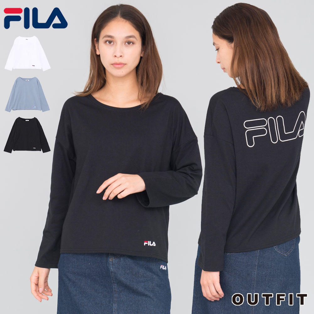 FILA フィラ Tシャツ レディース 長袖 ボートネック カットソー ロンT ロングTシャツ ロンティー バックプリント トップス おしゃれ スポーツ ブランド カジュアル ロゴ 刺繍 可愛い 白 黒 青 秋 冬 春 人気 プレゼント 中学生 高校生 karlas