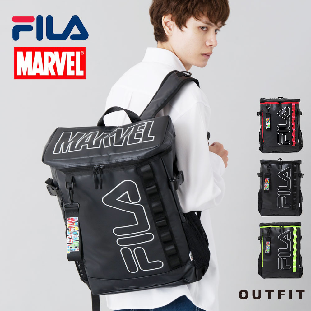 リュック メンズ レディース FILA フィラ MARVEL マーベル 防水 大容量 撥水 ブランド おしゃれ 高校生 大学生 大人 リュックサック 通学 通勤 アウトドア 旅行 トラベル バッグ カジュアル スポーツ 黒 ギフト プレゼント outfit