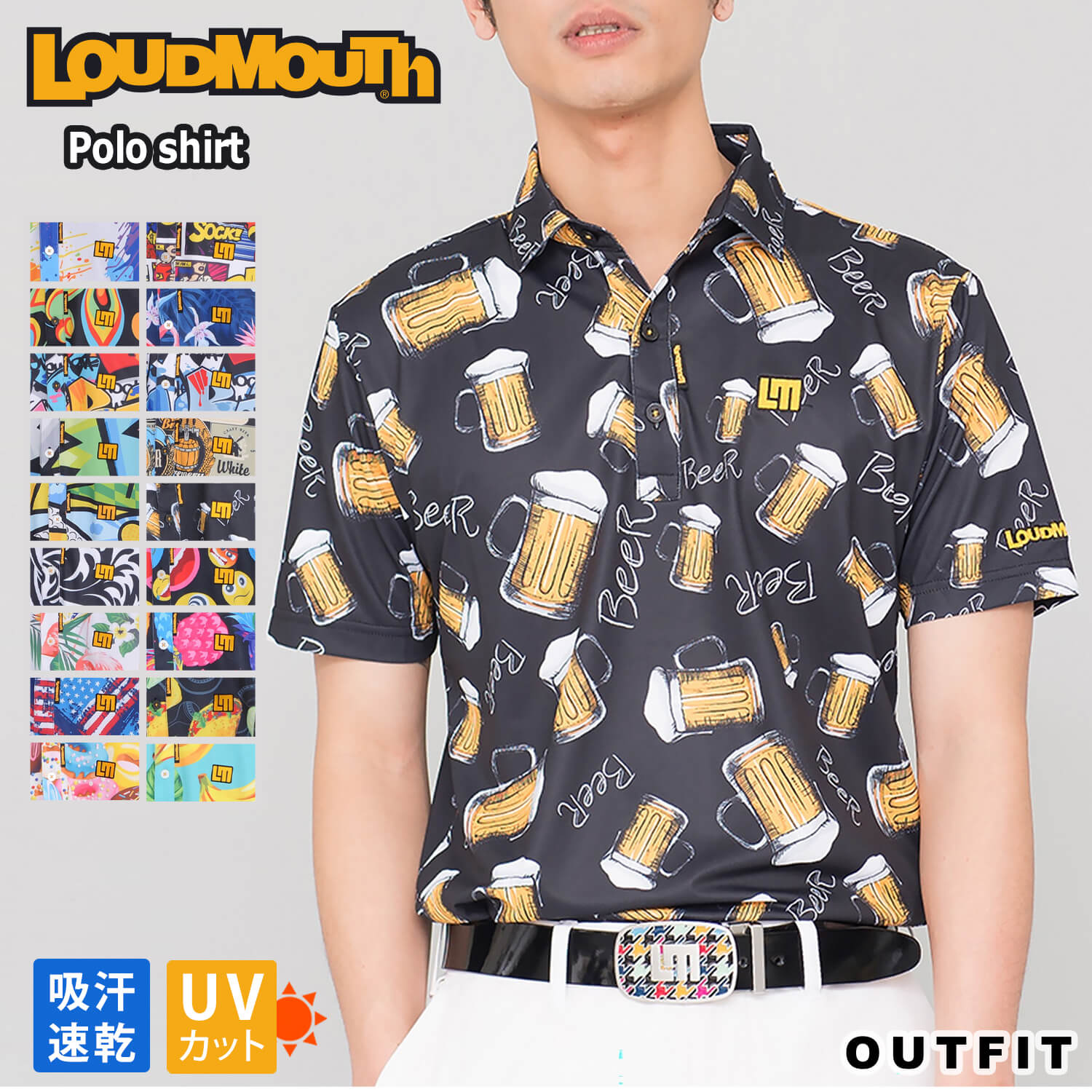 LOUDMOUTH ラウドマウス ゴルフウェア ポロシャツ 半袖 メンズ シャツ ロゴ刺繍 ワンポイント 総柄 吸汗速乾 UVカットトップス ドロップショルダー 大きいサイズ ブランド シンプル モノクロ カジュアル きれいめ 春 夏 karlas