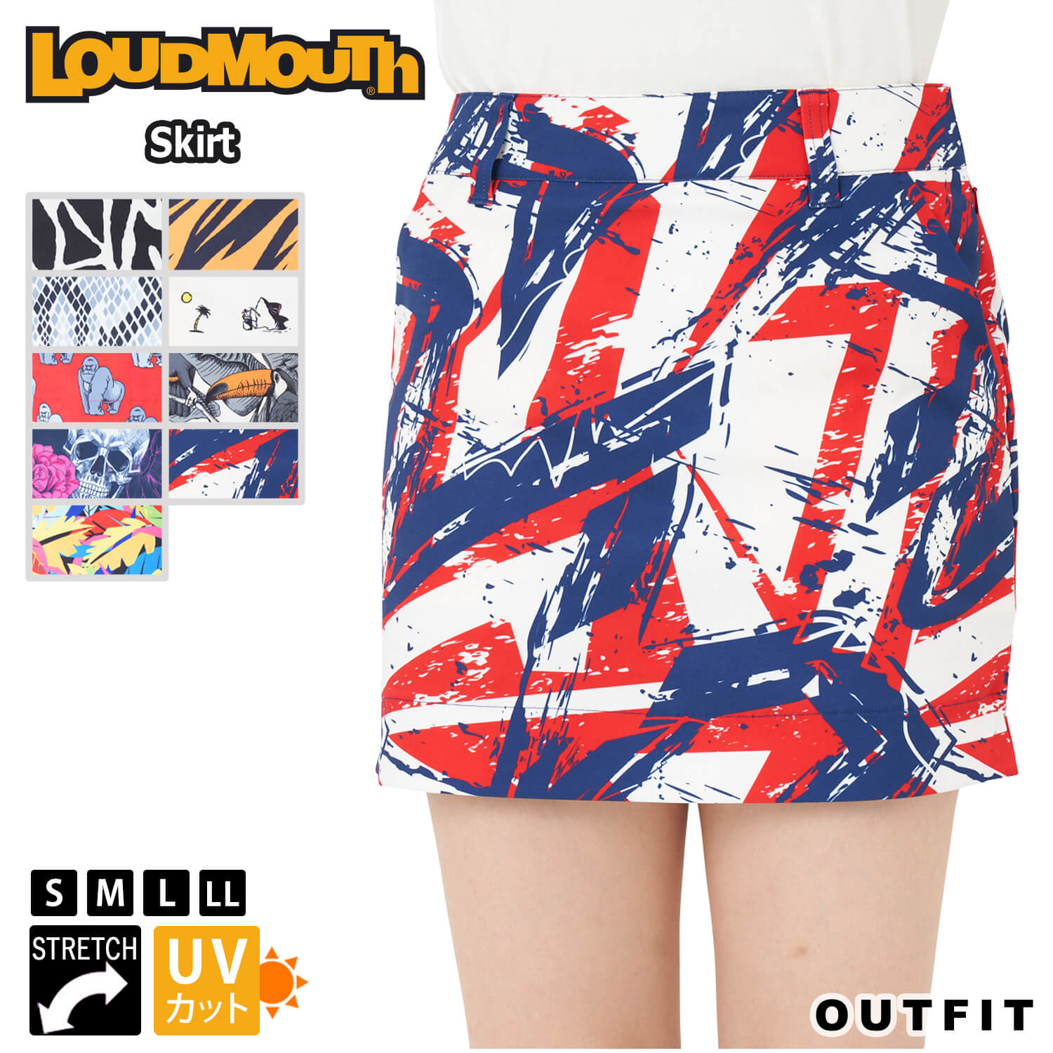 LOUDMOUTH ラウドマウス ゴルフウェア スカート レディース 夏 夏用 タイトスカート ショート丈 丈短め 膝丈 ストレッチ UVカット インナーパンツ付き 裏地付き ブランド S M L LL 大きいサイズ 総柄 派手 かわいい おしゃれ カジュアル karlas