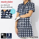 marie claire GOLF マリクレール ゴルフウェア ワンピース 半袖 ハーフジップ チュニック レディース 春 夏 細見え チェック柄 ブランド ロゴ ハイネック おしゃれ かわいい M L LL 紺 2024ss karlas