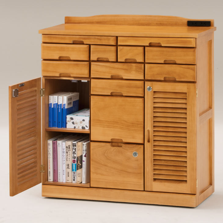 天然木 鍵付き引出しいっぱいファックス台 コンセント付き 76cm幅 リビング 収納家具 飾り棚 高さ83cm