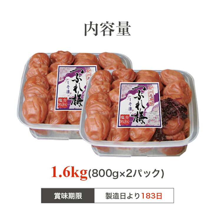 紀州南高梅 梅干し うめぼし つぶれ梅 しそ漬け 塩分約3％ 1.6kg 800g×2パック
