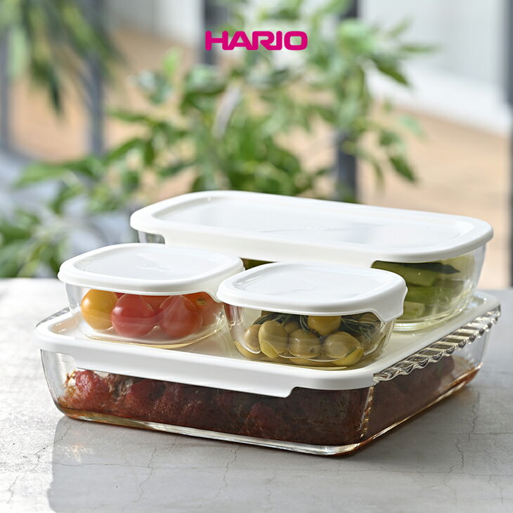 HARIO ハリオ 耐熱ガラス コンテナ 4個セット 角型 ガラスコンテナ フタ付き スタッキング 耐熱容器 作り置き おかず 容器 透明 ガラス容器 保存容器 電子レンジ・オーブン対応 食洗機対応 日本製