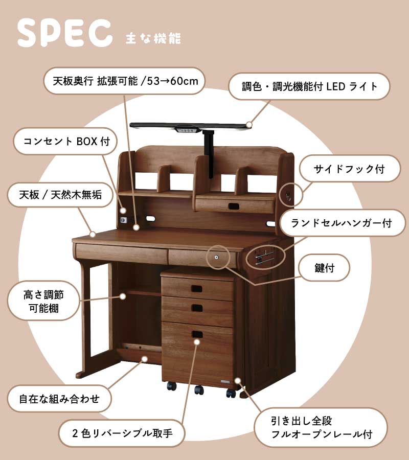 【最終1台】 学習机 セット コイズミ ステップアップデスク LEDデスクライト付き 勉強机 学習デスク ODF-524 WT ユニットデスク 組み換えデスク ランドセルハンガー デスクワゴン 袖箱 ウォールナット ダークブラウン [2]