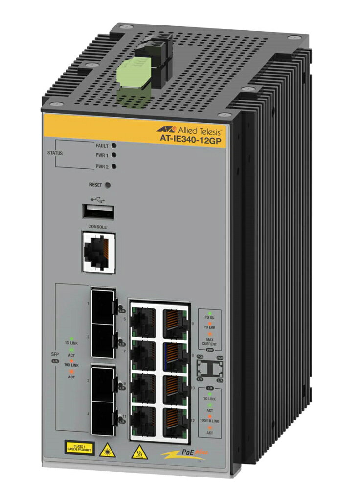 配送区分：FサイズAL10KEB【新品/取寄品/代引不可】AT-IE340-12GP[10/100/1000BASE-Tx8(PoE-OUT)、SFPスロットx4] 3877R※ご注文手続き後、当店より発送予定日または取寄商品の在庫有無・納期を記載したご注文確認メールをお送りいたしますので必ずご確認をお願い致します。 こちらの商品はお取り寄せの商品となり、通常、土日祝を除く7営業日前後での発送となります。（詳細納期はご注文後にメールにてご案内致します。） ※発注手配の可否をメールにてご確認させて頂く場合がございます。必ず当店からご案内するメールをご確認ください。 ※商品の手配ができない場合や、発注手配可否の確認が取れない場合には誠に申し訳ございませんがキャンセルとさせていただきます。 ※直送の場合別途送料が掛かる場合がございます ※キャンペーン期間特価の場合ご注文金額が変更となる可能性がございます。 ※メーカーや弊社取引先へ申請書のご記入・提出をお願いする場合がございます。10/100/1000BASE-Tx8(PoE-OUT)、SFPスロットx4・商品詳細 : CentreCOM AT-IE340-12GP(RoHS対応)は、産業用ギガビット・インテリジェント・スイッチです。10/100/1000BASE-Tポートを 8ポート、SFPを 4スロット搭載し、1ポートあたり 30W、装置全体で 240Wまでの PoE+電力供給に対応するため、様々な IoTデバイスを集約するのに最適です。また AMF(メンバー/アプリケーションプロキシー/エッジノード)に対応します。