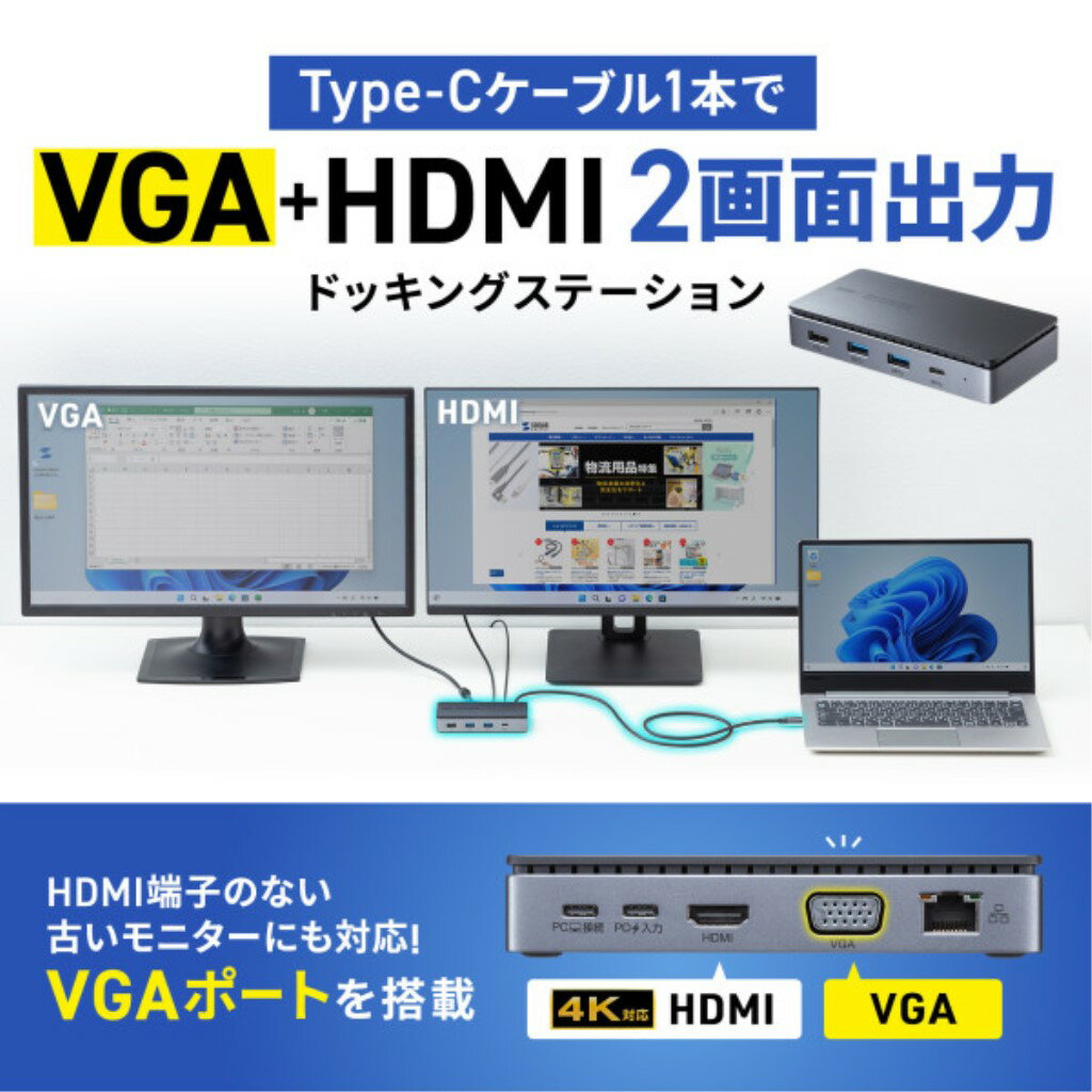 【新品/取寄品/代引不可】USB Type-Cドッキングステーション(HDMI/VGA・2画面出力対応) USB-CVDK19