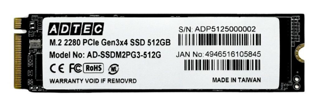 【新品/取寄品/代引不可】3D NAND SSD M.2 NVMe PCIe Gen3x4(2280)AD-SSDM2PG3 512GB AD-SSDM2PG3-512G