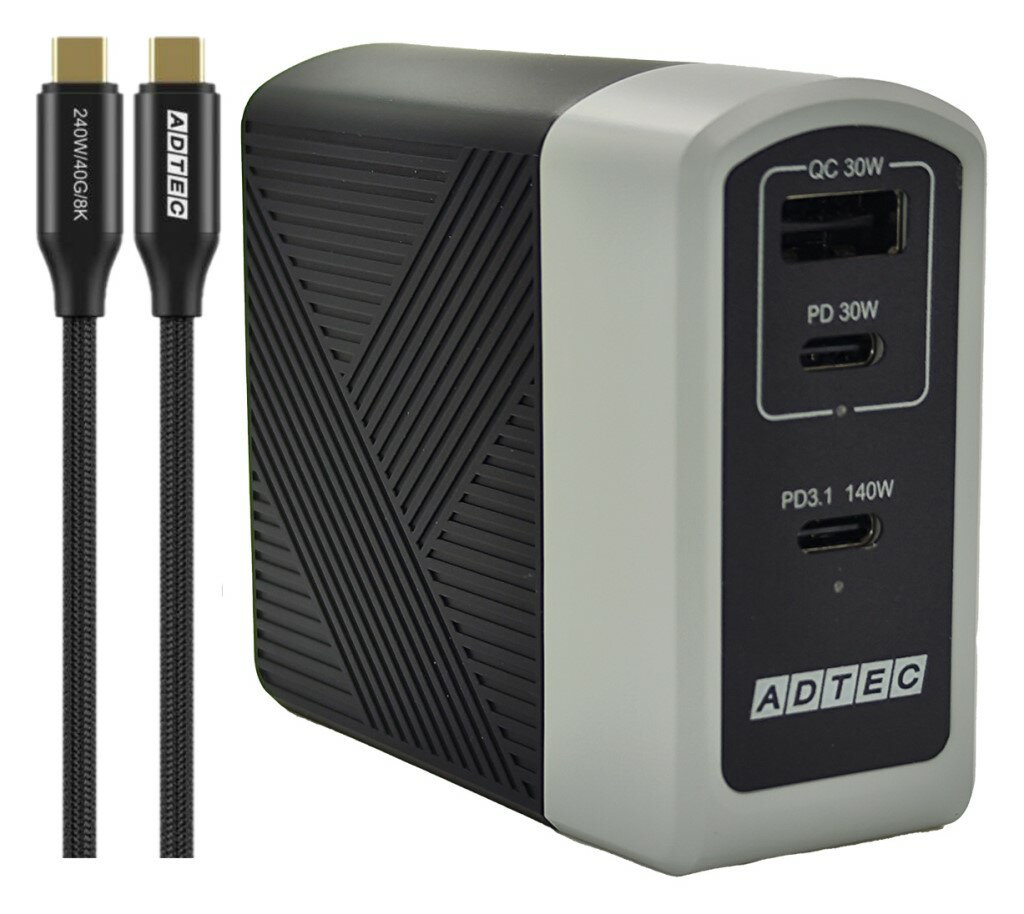 yVi/i/szPower Delivery 3.1Ή GaN AC[d/140W/USB Type-C 2|[g Type-A 1|[g/ubN & Type-C to CP[uZbg APD-A140AC2-WC24-BK