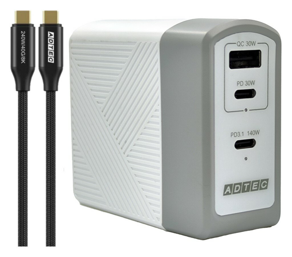 yVi/i/szPower Delivery 3.1Ή GaN AC[d/140W/USB Type-C 2|[g Type-A 1|[g/zCg & Type-C to CP[uZbg APD-A140AC2-WC24-WH