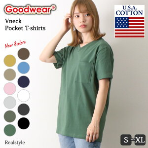 1枚で着ても透けにくい！厚手のUSAコットン100%使用◎Goodwear グッドウェア ポケット付きVネックTシャツ 7.0oz レディース メンズ 半袖 無地 カットソー ポケット 肉厚 インナー 綿 グッドウエア ブランド ポケT 白T トップス お揃い ペアルック メール便