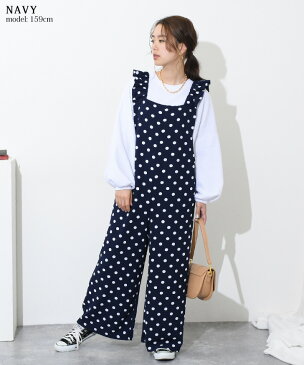 ドット柄フリルショルダーエンボスワイドオールインワン レディース サロペット ワイドパンツ ボトムス ワンピース ゆったり 速乾 マタニティ 大きめ きれいめ カジュアル イージーケア リラックス 部屋着 水玉 メール便 2209ss