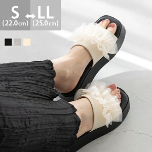 11/7 9:59マデ 1899円 送料無料 ミュール サンダル レディース スリッパ つっかけ かかとなし 履きやすいミドルヒール 厚底 痛くない 歩きやすい スクエアトゥ チュール フリル シアー デート きれいめ おしゃれ 最強配送 ssa ssb