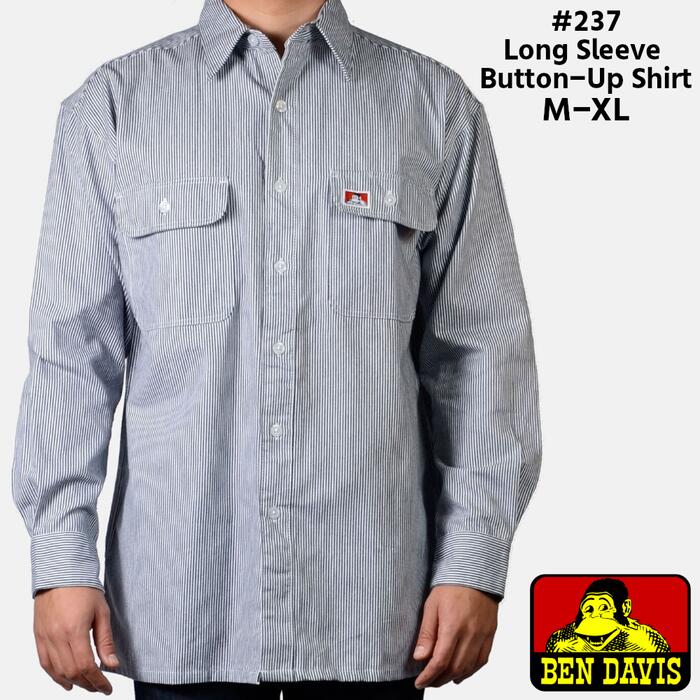 \売り尽くしセール/ 長袖ワークシャツ BEN DAVIS ベンデイビス メンズ レディース レギュラーフィット ストライプ ロゴ ヒッコリー 青 237