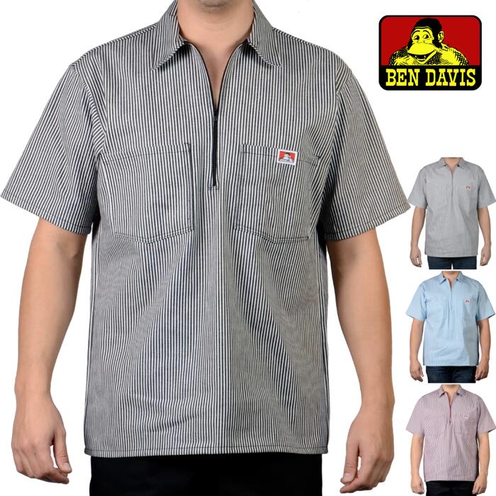 \楽天スーパーSALE/ BEN DAVIS ハーフジップ 半袖シャツ ポケット メンズ レディース レギュラーフィット ストライプ ロゴ ヒッコリー ブルー ...