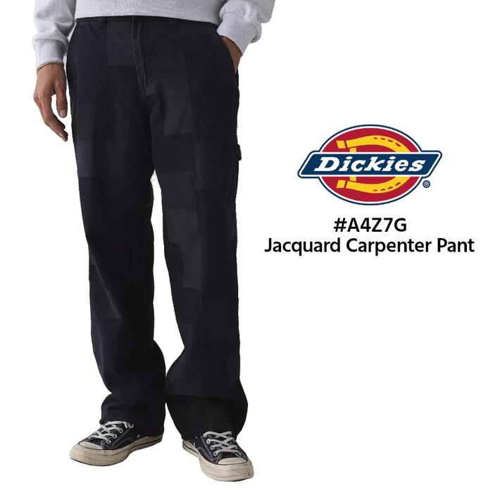 カーペンターパンツ ロングパンツ Dickies ディッキーズ ロゴ パッチワーク ジャカード柄 ストレートレッグ ズボン 長ズボン メンズ レディース ユニセックス ブラック 黒 30 32 34 36 38 レングス32 A4Z7G
