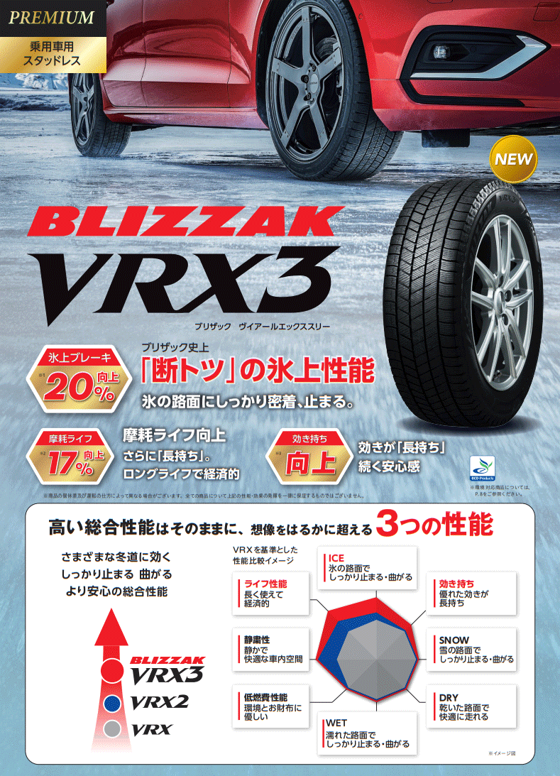 ブリヂストン ブリザック VRX3 255/45R20 105Q XL 【255/45-20】 新品 スタッドレスタイヤ BRIDGESTONE TIRE BLIZZAK VRX3 冬タイヤ 【個人宅配送OK】【通常ポイント10倍】 3