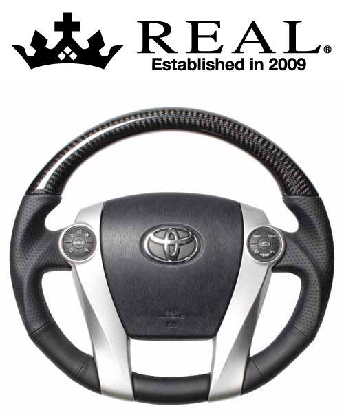 REAL STEERING プレミアムシリーズ トヨタ アクア NHP10用 カラー：ブラックカーボン(ブルー×シルバーユーロステッチ) (30-BS-BKC)【ハンドル】【自動車パーツ】レアル ステアリング
