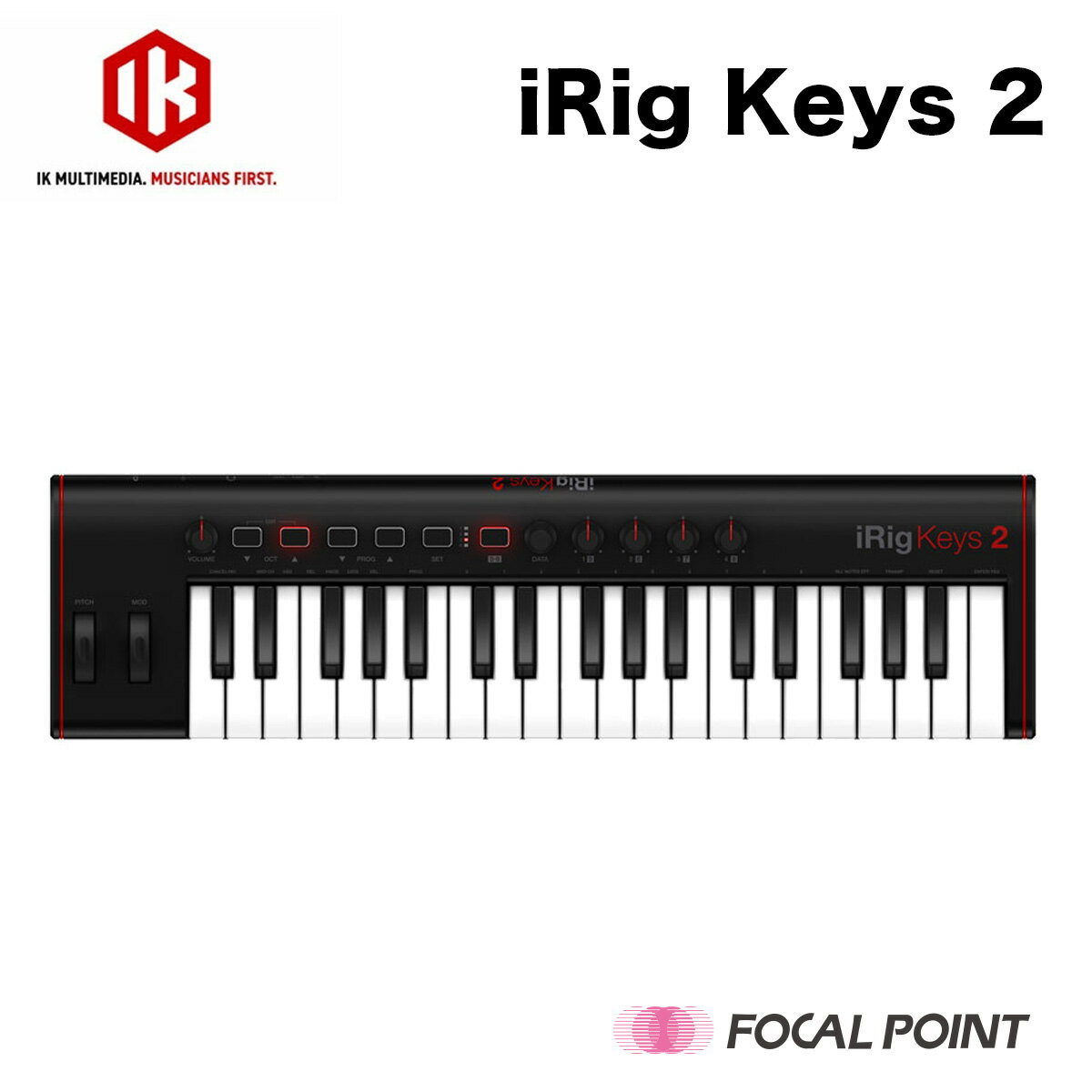 【IK Multimedia / アイケイマルチメディア】iRig Keys 2 (アイリグ キーズ ツー) iRig Keys 2は、ベロシティ対応の37鍵（3オクターブ）MIDIキーボード。Mac、PC、iPhone、iPad、Android、その他MIDI対応機器など、デバイスの制約なく接続できます。最新のモバイル・デバイスを利用するときに便利なオーディオ出力端子、MIDI入出力端子、複数の電源オプションを備えています。省スペース性と携帯性に優れた37鍵ミニサイズ鍵盤仕様「iRig Keys 2」と、定評のある37鍵フルサイズ鍵盤仕様「iRig Keys 2 Pro」の2種類。いつでもどこへでも気軽に持ち運べます。 さらに便利な次世代MIDIキーボードへ進化したiRig Keys 2 iRig Keys 2は高い人気を得た初代iRig Keysシリーズの後継機種にあたる次世代型モバイルMIDIキーボード。持ち運べるコンパクト性など、良いところはそのままに出力端子の追加など、さらに進化しました。 ユニバーサルMIDIキーボード iRig Keys 2には、MIDI入出力端子が装備されてるため、MIDI端子を装備したUNO Synth、UNO Drumのようなハードウェア・シンセサイザーであったとしても、Mac、PCを介さずに直接演奏できます。コンピューターやモバイル・デバイスに接続すれば、MIDIインターフェースとしても機能しますので、ハードウェアを含めたセットアップをよりコンパクトにまとめることが可能です。Mac、PCやiOS端末などのモバイル・デバイスからの電源供給のほか、USB接続のモバイル・バッテリーでも動作するため、さまざまな場所や環境での演奏が可能です。 オーディオ出力端子も搭載 ヘッドホン端子が搭載されているので、ヘッドフォン端子を装備しないiOSやAndroidデバイス（要別売ケーブル）を接続した場合、その出力音声をiRig Keys 2のヘッドフォン端子からモニタリングできます。 また、現在Mac、PCではソフトウェア・ベースの制作環境が主流ですが、iRig Keys 2を使用すれば、オーディオ・インターフェイスなどを別途用意せずに、iRig Keys 2から出力音声のモニタリングが可能です。非常にコンパクトでモバイル向けの制作環境も構築できます。自宅のシステムの一部として、またモバイル用のシステムの中心として、状況に応じて使い分けることができます。 カスタマイズやコントロールも、保存して呼び出し可能 モジュレーション・ホイール、ピッチ・ベンド・ホイール、音量調節ノブ、オクターブおよびプログラムup / downボタン、SETおよびALTボタン、データ・プッシュ・エンコーダーなど、数多くの便利なコントロールが搭載されています。さらに任意のパラメーターをアサインして操作できる、4つのコントロール・ノブも搭載しており、ページを切り替えることで計8つのパラメーターのコントロールが可能です。エディット・モードでは、キーのトランスポーズやベロシティ感度の設定、MIDIチャンネルの変更やノブのカスタマイズなど、数多くの設定が保存でき、SETボタンでいつでも呼び出すことができます。 アプリケーションで、さらに拡がる可能性 iRig Keys 2には、IK Multimediaが誇る業界標準のMac/PC用サウンド＆グルーヴ・ワークステーション、SampleTank 4 SEがバンドルされています。SampleTank 4本体のフル機能に加え、厳選された2,000種類のインストゥルメント、合計30 GB以上のライブラリーを収録しています。モバイル・デバイス用には、無償アプリのSampleTank FREE for iOS、iGrand Piano FREE for iOS＆Android、iLectric Piano FREE for Androidを用意しています（製品登録でボーナス・サウンドが解放されます）。その他にもiPhone、iPad、Android、Mac/PCで動作するさまざまなアプリケーションと組み合わせて使用できますので、演奏の練習、作曲、ライブ・パフォーマンスなど、組み合わせ方はあなた次第でいくらでも広がります。 モバイル用途もできる可能性は無限大 iRig Keys 2は他の同クラスの37鍵キーボードより省スペース設計。教室で練習したり、ホテルで作曲を行ったり、このキーボードから得られるインスピレーションの可能性は無限大です。 目的に応じたサイズを選ぼう iRig Keys 2は省スペース性と携帯性に優れた37鍵ミニサイズ鍵盤仕様、iRig Keys 2 Proは、iRig Keys 2のフルサイズ鍵盤バージョンです。どちらも同様の充実した機能と省スペース性でありながら、定評のある程よく重みのある鍵盤により、本格的な演奏ができます。 【特徴】 ・ユニバーサルMIDIキーボード。 ・オーディオ出力端子も搭載。 ・カスタマイズやコントロールの保存機能搭載 ・充実した付属ソフトウェアで可能性がさらに拡がる ・モバイル用途もできる可能性は無限大。 【製品サイズ】 本体サイズ：約518mm（W）×139mm（H）×40（D）mm 本体重量：約870g パッケージサイズ：約600mm（W）×25mm（H）×90（D）mm パッケージ重量：約1530g 【対応モデル】 ・iOS (iPhone/iPod/iPad)　iOS 6 以降 ・Android（別売りのmicro-USB to OTGケーブル、またはmicro-USB to USB-Cケーブルが必要) ・Mac（Mac OS X 10.6 以降）空きUSBポートがあること。 ・Windows 10 WASAPI フルサポート、または Windows 7、8（ASIO4ALLドライバー必須）、空きUSBポートがあること。 【同梱品】 Lightning to micro-USB ケーブル（60 cm） USB-A to micro-USB ケーブル（60 cm） 2.5 mm TRS male to MIDI female アダプター（10 cm） ※USB-C to micro-USB ケーブル、および micro-USB-OTG to micro-USB ケーブルは別売です。 【商品コード / カラー / JANコード】 IKM-OT-000083 / ブラック / 4512223688768 【保証期間】 2年間 （製品購入後15日以内にIK Multimediaアカウントにて要ユーザー登録） 【注意】 ※製品にはオンライン・ユーザマニュアルにアクセス可能なQRコードを記したカード、シリアルナンバーカードが同梱されています。 冊子類による取扱説明書は含まれておりません。付属のQRコードよりダウンロードしてご確認ください。（2021年9月現在） ※お客様のPCモニターによって、画像の色が実物と異なって見える場合がございます。