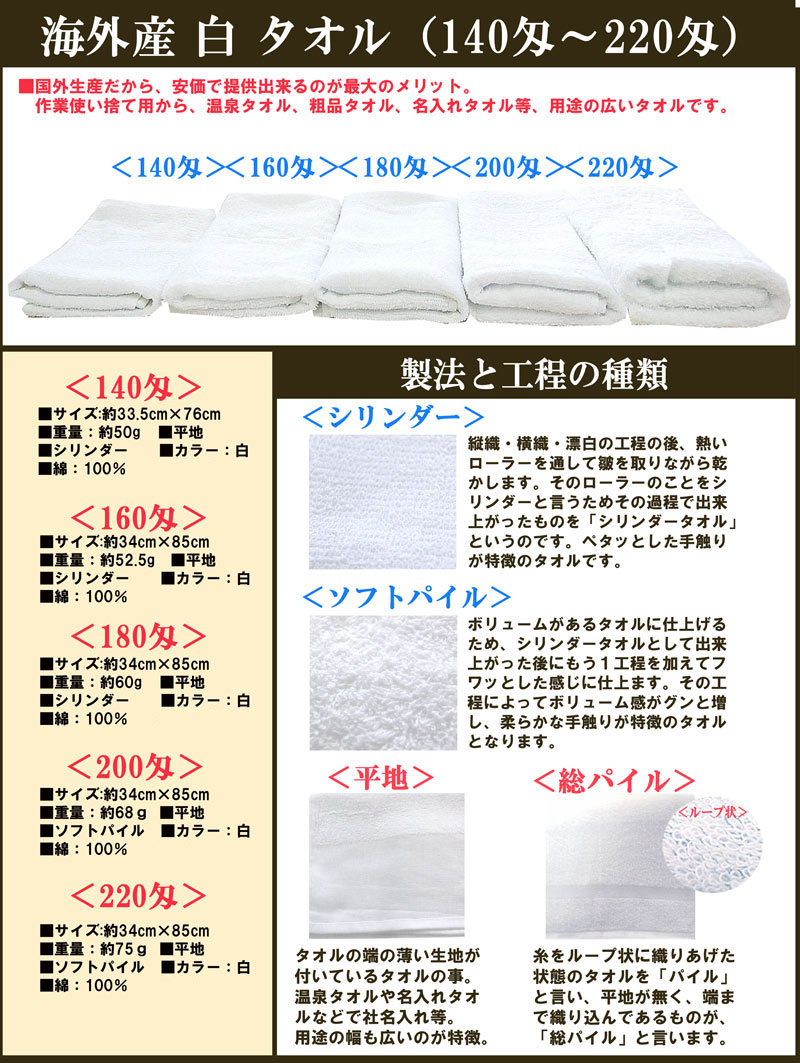 タオル　海外産 白 タオル　180匁　平地付き　シリンダー業務用タオル　粗品タオル　温泉タオル　ハブラシ　クシ　シャンプー等取り揃えてございます♪