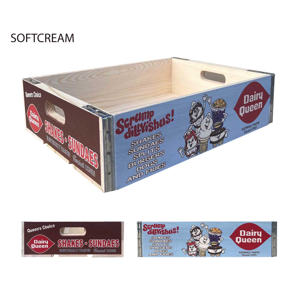 商品情報商品名【新柄登場☆】【ウッドはGOOD！】WOODEN CRATE ウッドクレート ガレージ アメリカン雑貨　SOFTCREAM商品説明大人気オシャレで便利な『WOODEN CRATE』に新柄が登場致しました！可愛い「SOFTCREAM」と「TURTLES」が仲間入り♪1950年代のアメリカで瓶のドリンクを運ぶ為に作られた木箱「WOODEN CRATE」70年の時を経て、人気のキャラクターと共にリバイバルしました！丈夫な作りで、両サイドに取っ手の穴があいているので持ち運びも簡単です。重ねて使用する事もできるので、何個も欲しくなるアイテムです♪中に仕切りがないので、ガレージで工具やパーツを入れたり、パントリーで食材を入れたり、使い方はあなた次第！※縁部分のプレートは怪我しないよう多少加工されてはおりますが、海外生産の商品ですので気をつけてご使用ください。サイズH115 XW462XD325mm素材素材：ウッド縁部分：スチール注意こちらの商品は、海外製品です。以下の点をあらかじめご了承の上、ご購入をお願いいたします。・天然木のため、木目・節・色味・質感には個体差があります。割れやささくれ、小さな凹みなども風合いとしてご理解ください。・塗装ムラや擦り傷がある場合がありますが、不良品ではありません。・耐荷重を超える重量物の収納や踏み台としてのご使用はお避けください。・水濡れや湿気に弱いため、屋内の乾燥した場所でご使用ください。・サイズは手作りのため若干の誤差があります。寸法を必ずご確認ください。・お手入れは乾いた布で拭くか、薄めた中性洗剤で軽く拭き、すぐに乾燥させてください。・縁部分のプレートは怪我しないよう多少加工されてはおりますが、海外生産の商品ですので気をつけてご使用ください・写真はあくまで一例です。海外製品の為、同じ商品であっても1点1点色調や表情、仕様、風合い等が異なるものがございます。以下の点をご理解いただける方のみご購入ください。完璧な状態をお求めの方や、国内製品と同等の品質・サービスを期待される方は、ご購入をお控えください。*当店の商品は楽天市場以外の店舗でも同時に販売しております。そのため、ご注文のタイミングによっては在庫切れとなる場合がございます。在庫管理には十分注意しておりますが、万が一品切れの際は、誠に勝手ながらご注文をキャンセルさせていただくことがございます。あらかじめご了承くださいますようお願い申し上げます。返品・交換について恐れ入りますが、商品特性上、お客様都合による返品・交換はお受けしておりません。( 例： イメージと違う / パッケージの状態 / 海外製特有の個体差など )万一、商品に重大な破損や誤配送があった場合は、到着3日以内にご連絡ください。【 SOFT CREAM 】 WOODEN CRATE ウッドクレート WOODEN CRATE ウッドクレート ガレージ アメリカン雑貨 木製 収納 箱 木箱 木の箱 収納箱 アメリカン 5