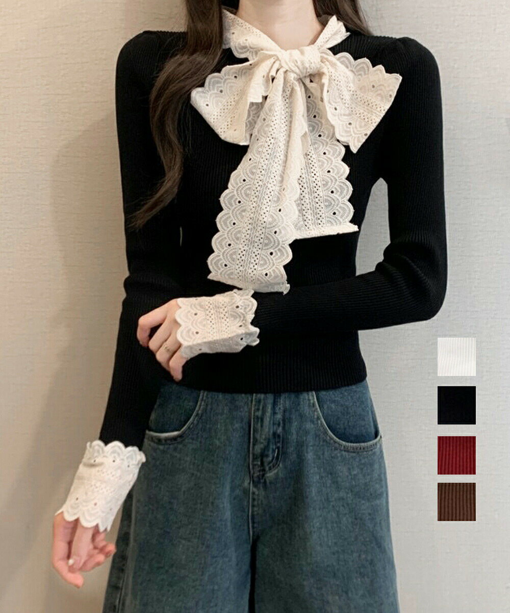 ニットトップス 刺しゅうレース ボウタイ (T)