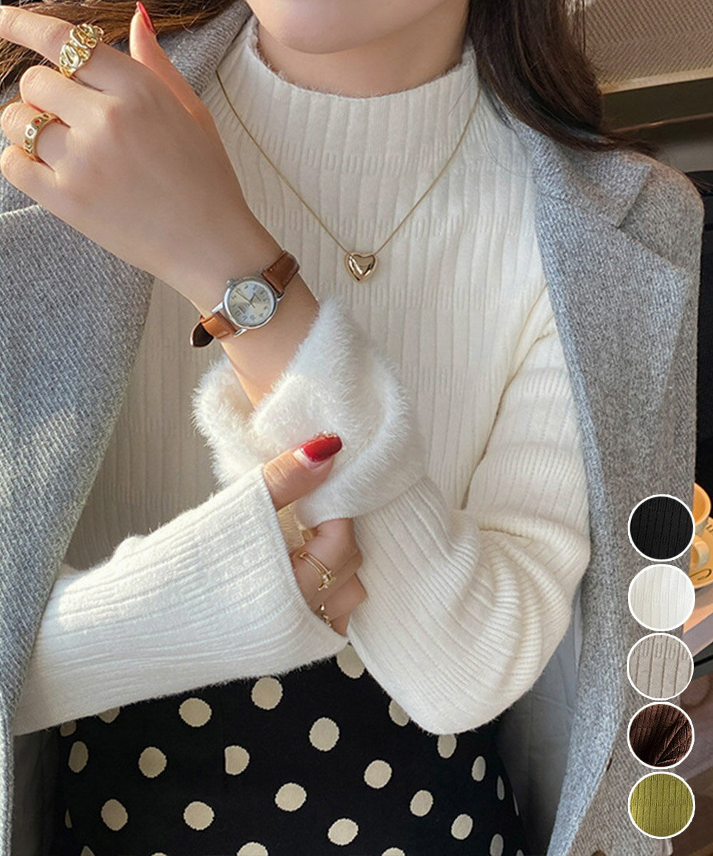 裏起毛プチハイネックニットトップス厚手 (T)(4)