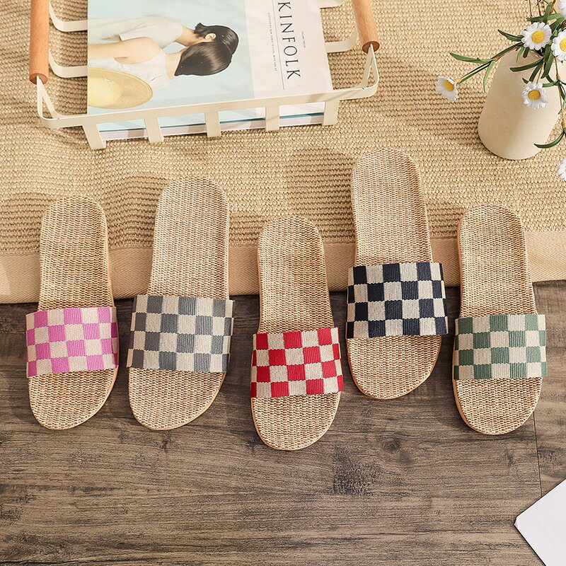 リネンスリッパ　チェック柄ルームシューズ (T)