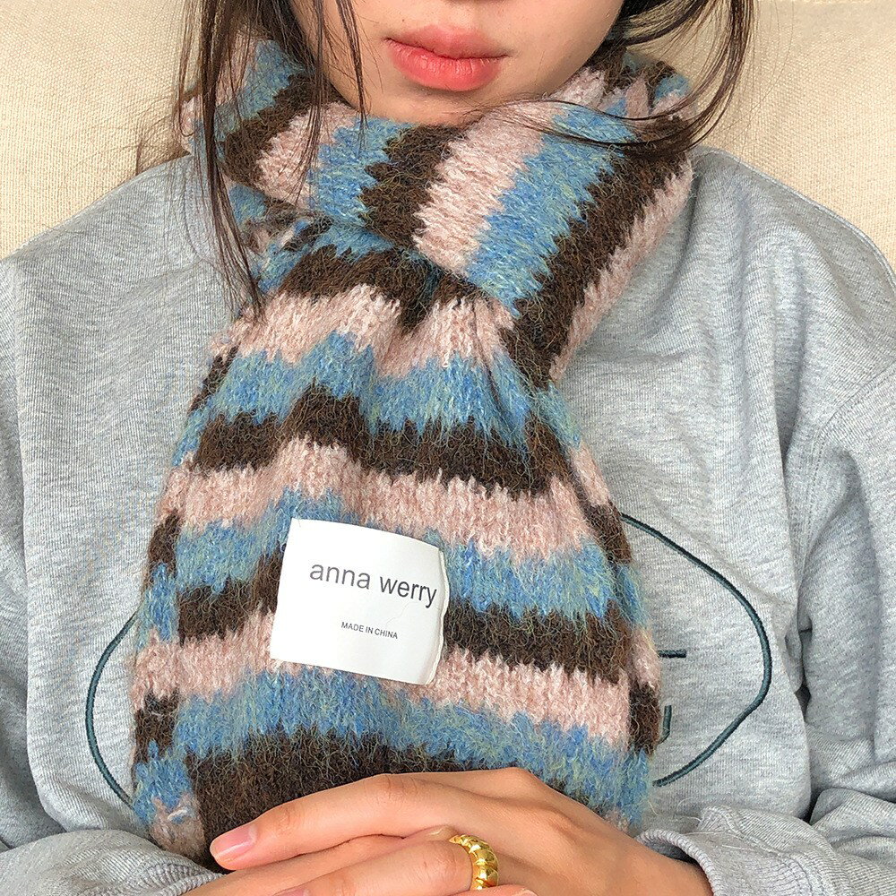 ニットマフラー　レディース　かわいい　韓国ファッション　ボーダー柄 (T)