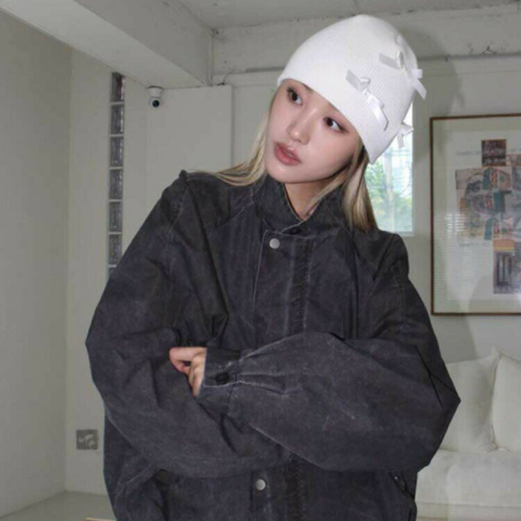 レディースニットキャップ　リボン付き (T)