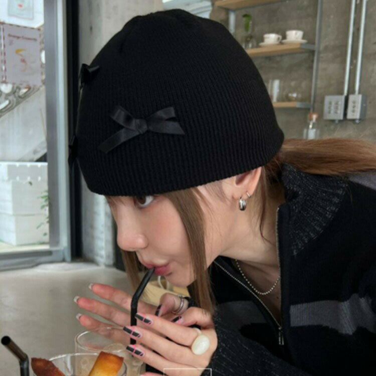 レディースニットキャップ　リボン付き (T)