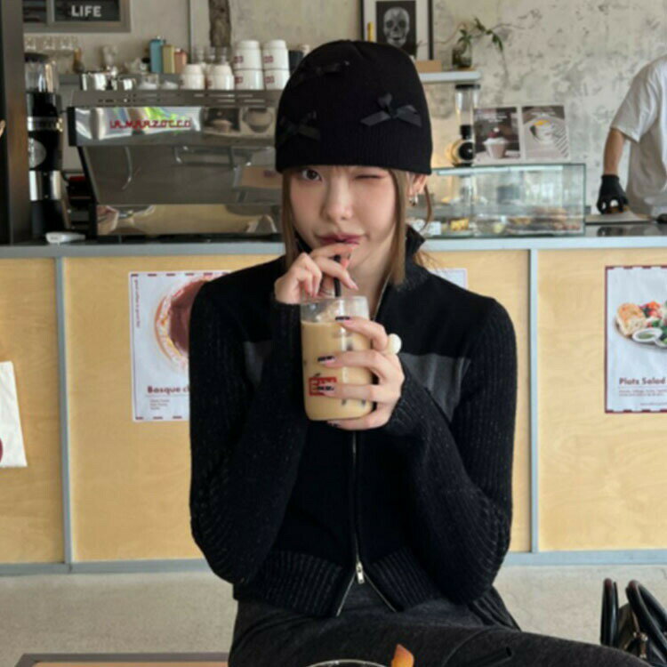 レディースニットキャップ　リボン付き (T)