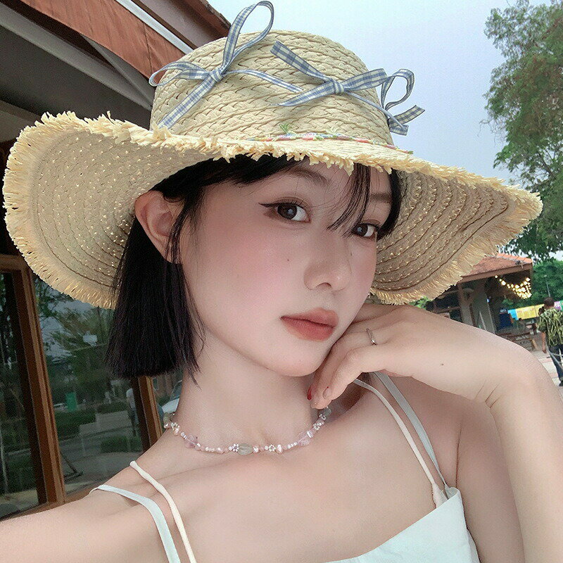 麦わら帽子 UVカット 春夏 レディース 韓国ファッション オシャレ ストロー リボン (T)