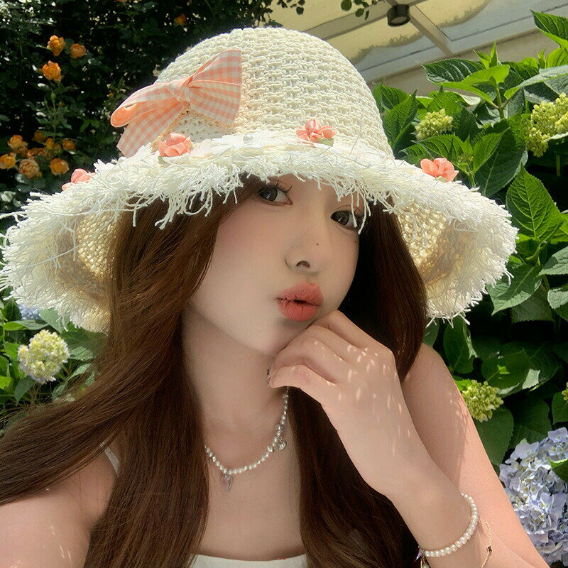 麦わら帽子　UVカット　春夏　レディース　花　ストロー　リボン　バレエコア (T)