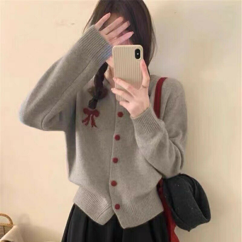 レディースニットトップス　リボンカーディガン (T)