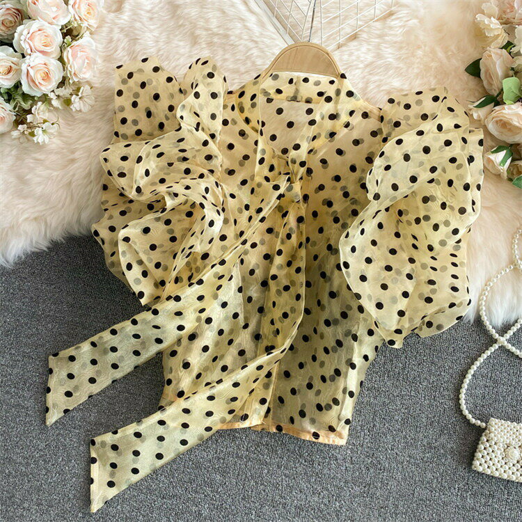 ドットシフォン シャツ つぼみスリーブ トップス 蝶結びネクタイ シャツ[K](T)