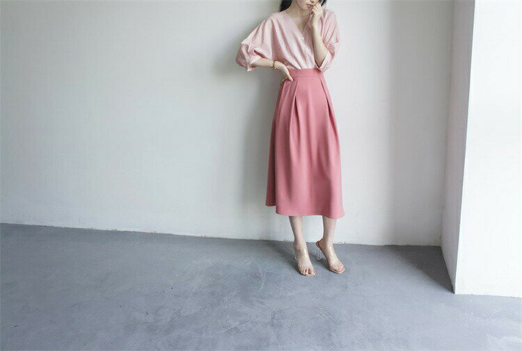 ハイウエスト 長袖シャツ ロングスカート セット (T)