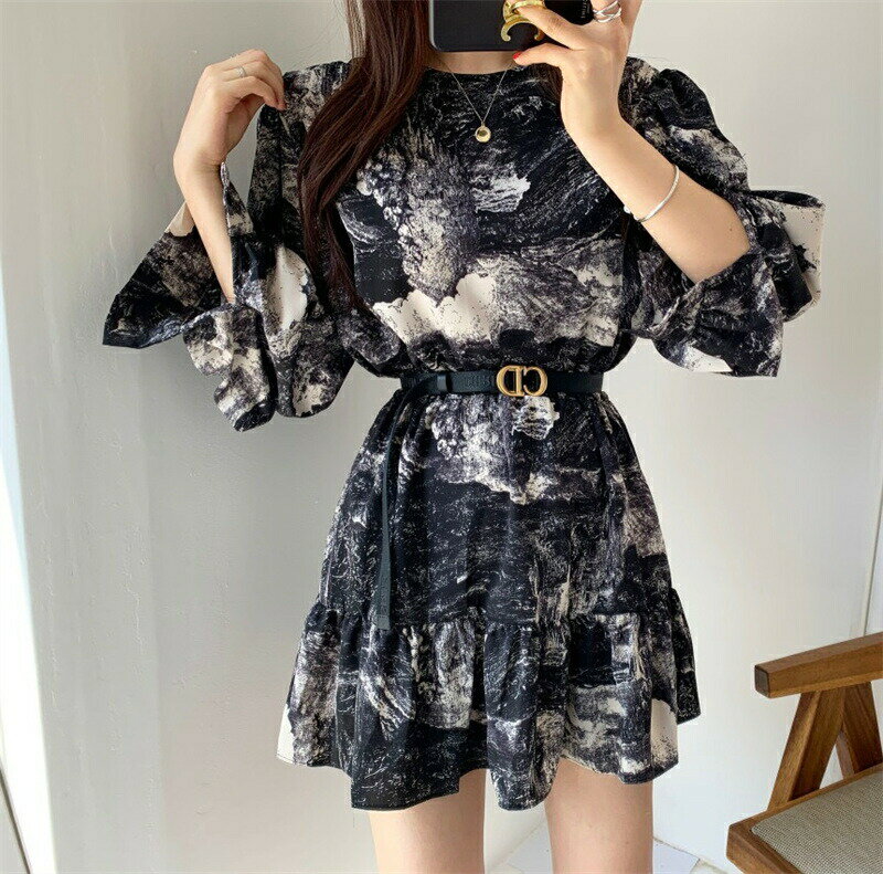 長袖カジュアル Chic プリント ワンピース 韓国ファッション[K](T)