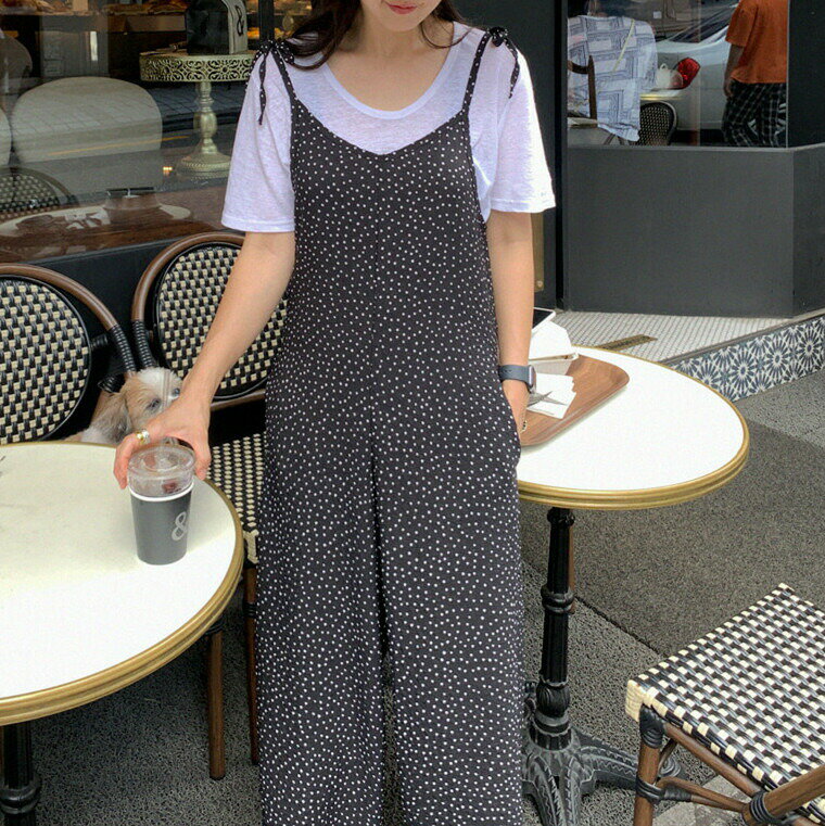 ワイドパンツ オールインワン ドット柄 キャミソール (T)
