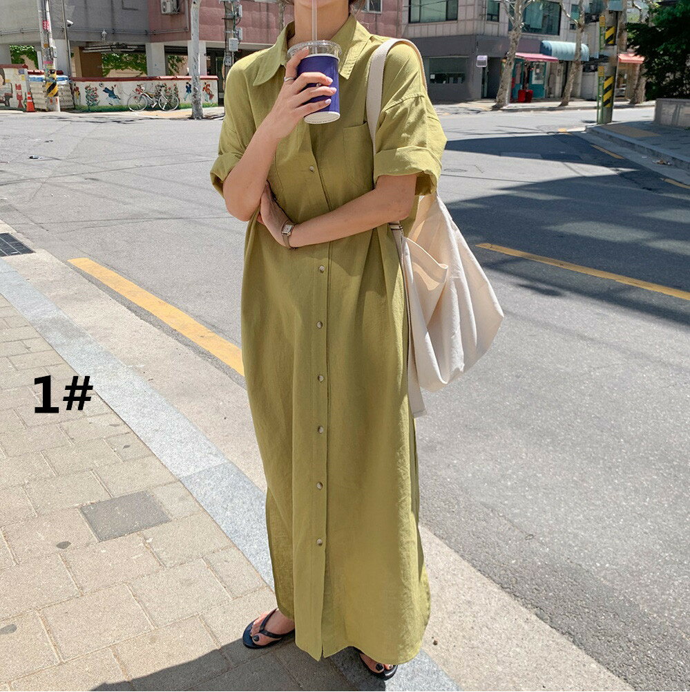 シャツワンピース ロング丈ワンピース レディース 半袖 (T)