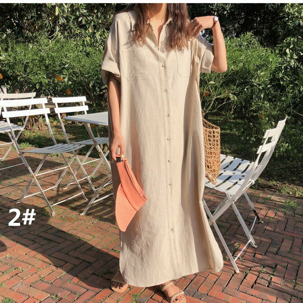 シャツワンピース ロング丈ワンピース レディース 半袖 (T)
