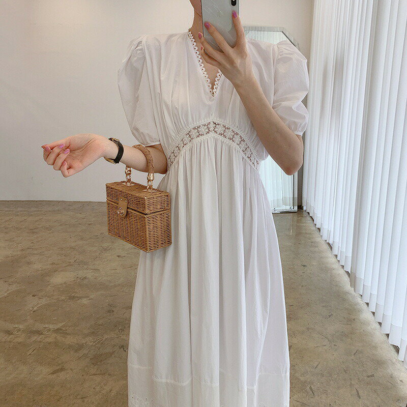 ロング丈ワンピース レディース Vネック 半袖 (T)