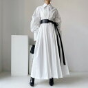 ワンピース ロング丈ワンピース レディース ランタンスリープ ベルト付き (T)