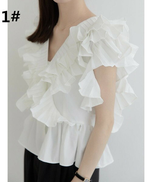 フレア ブラウス Vネック フリル トップス レディース きれいめ ボリューム シャツ 華やか カジュアル 上品 可愛い フェミニン 可愛い おしゃれ 無地 デート 韓国ファッション シンプル 大人 黒 白 ブラック ホワイト 軽やか 柔らかい 清楚 大人カジュアル 春 夏 秋 [K](T)