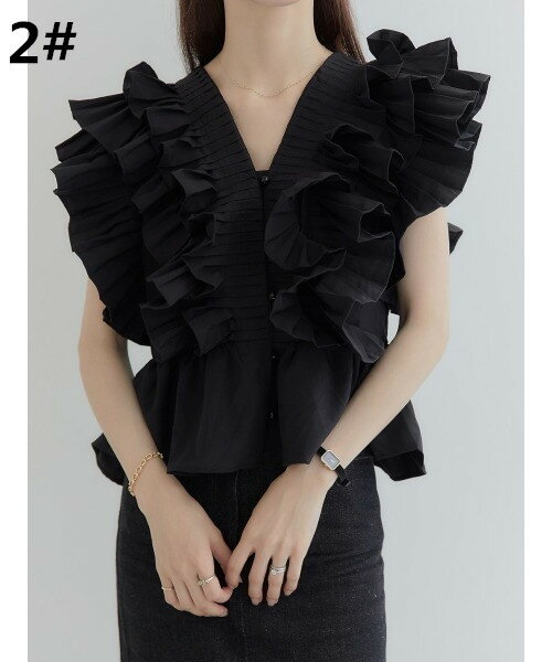 フレア ブラウス Vネック フリル トップス レディース きれいめ ボリューム シャツ 華やか カジュアル 上品 可愛い フェミニン 可愛い おしゃれ 無地 デート 韓国ファッション シンプル 大人 黒 白 ブラック ホワイト 軽やか 柔らかい 清楚 大人カジュアル 春 夏 秋 [K](T)