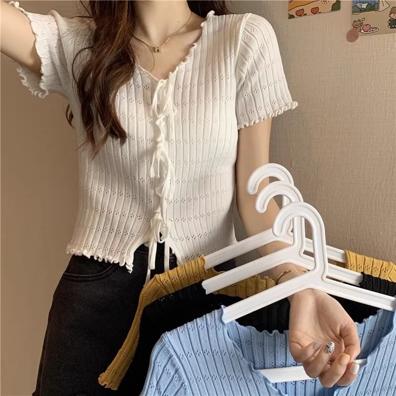 ニットトップス Vネック 半袖 (T)