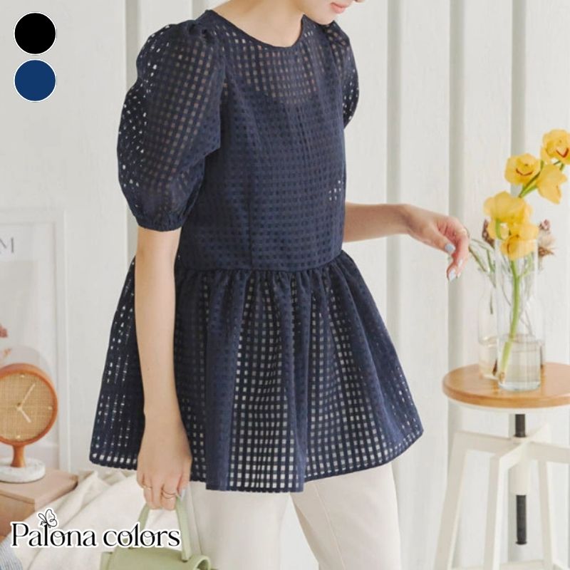 【セール×クーポン利用で★2682円】ブラウス メッシュ素材 網目 シャツ トップス 半袖シャツ フレア カットソー ボリュームスリーブ ラウンドネック 半袖 ゆるシャツ レディース きれいめ かわいい 透け感 シンプル ふんわり おしゃれ 大人 春 夏 秋 [J](T)のサムネイル